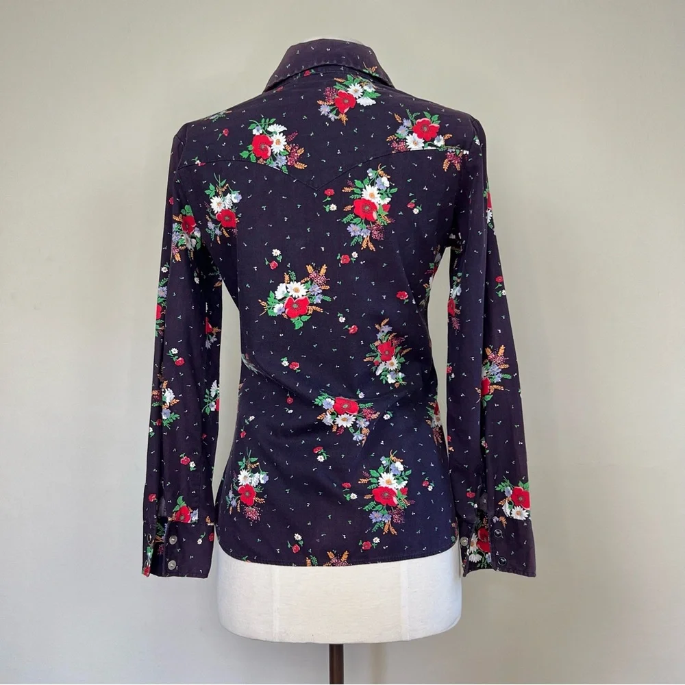 vintage 1950s western shirt black pearl snaps floral print dagger collar hippie - Picture 8 of 14